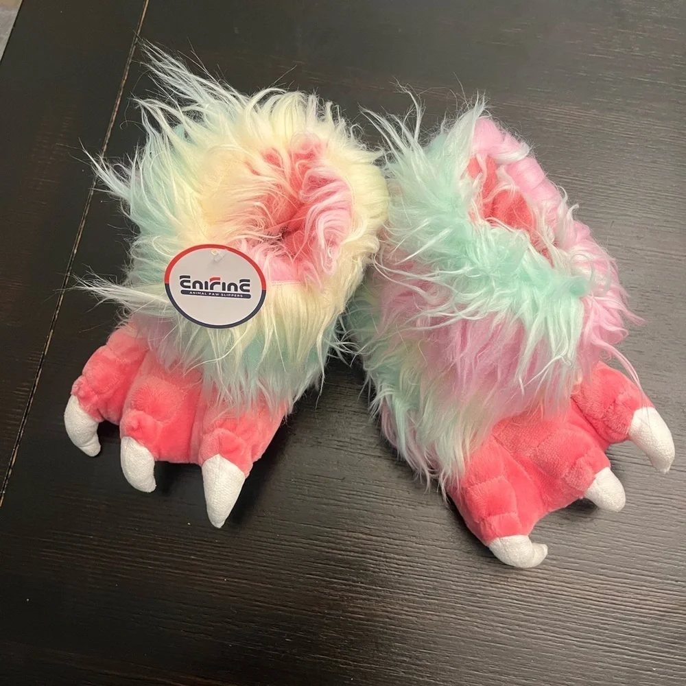 Girls Animal Furry Paw Slippers with Non-Slip Suede